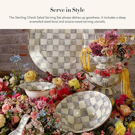 MACKENZIE-CHILDS Enamel Salad Serving Set, Enamel Bowl and Wooden Salad Servers, Decorative Kitchen Set, Gray-and-White Sterling Check