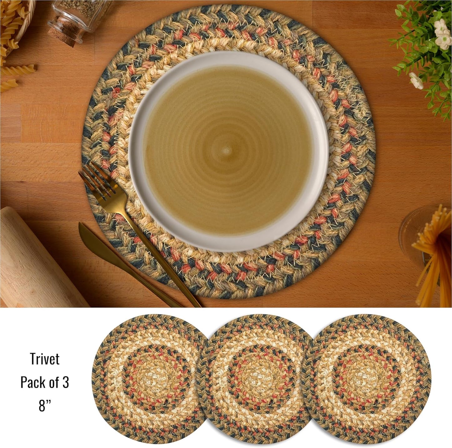 Homespice Russet Jute Braided Trivets for Table, Warm Country Decor, Set of 3, Multicolor 8" Round Heat Resistant Mats - Rich Colors, Easy to Clean, Durable and Protects Furniture