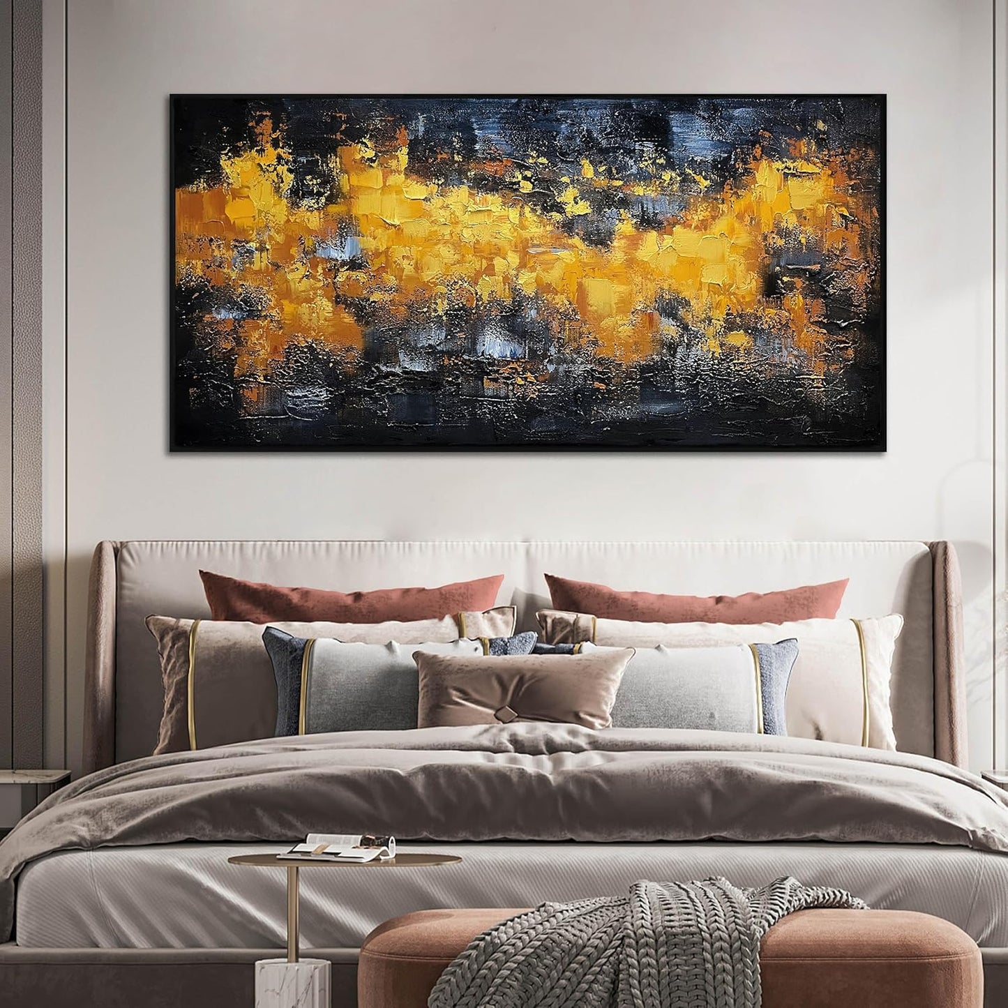 Abstract Hand Painted Wall Art for Office - Above Bed Black and Gold Wall Decor for Bedroom - Framed Wall Art for Living Room Large Size 29" x 59"