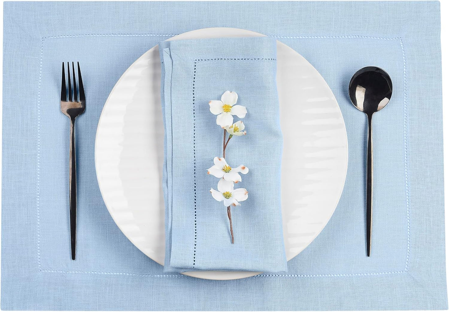 D'Moksha Homes Powder Blue Linen Cloth Placemats Set of 4-100% Pure Linen Hemstitch Placemats 14 x 19 Inch - Classic Hemstitch Table Place Mats for Fall, Halloween - Handcrafted and Machine Washable