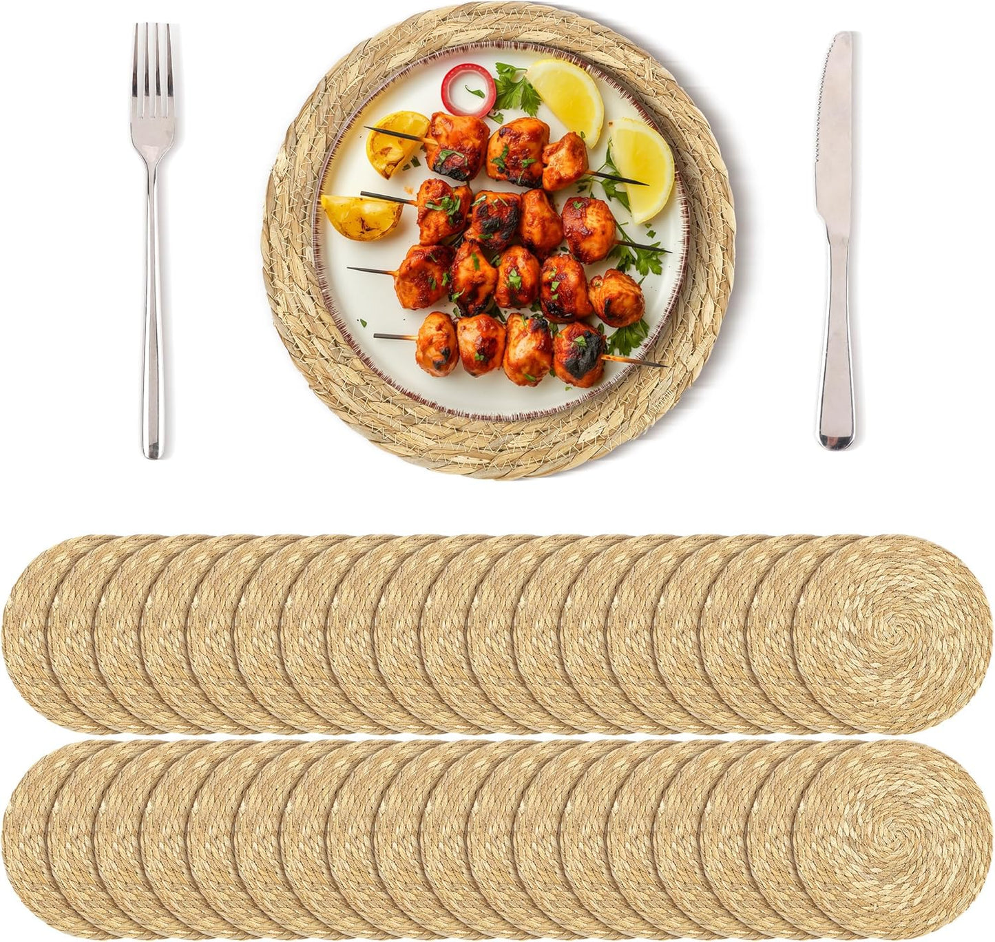 Set of 36 Round Woven Placemats 12 Inch Bulrush Placemats Natural Handwoven Boho Rattan Wicker Table Mats for Farmhouse & Home Dining