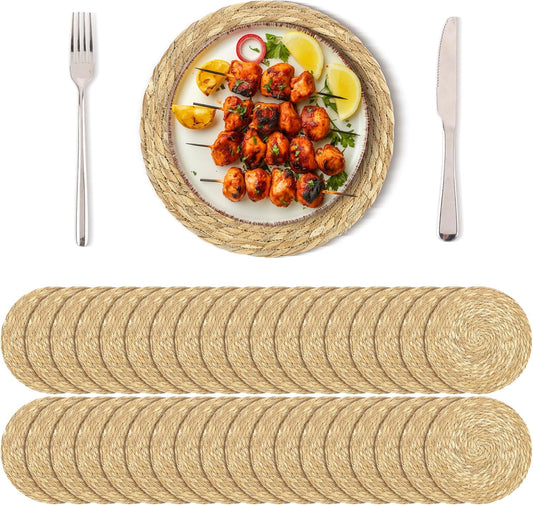 Set of 36 Round Woven Placemats 12 Inch Bulrush Placemats Natural Handwoven Boho Rattan Wicker Table Mats for Farmhouse & Home Dining