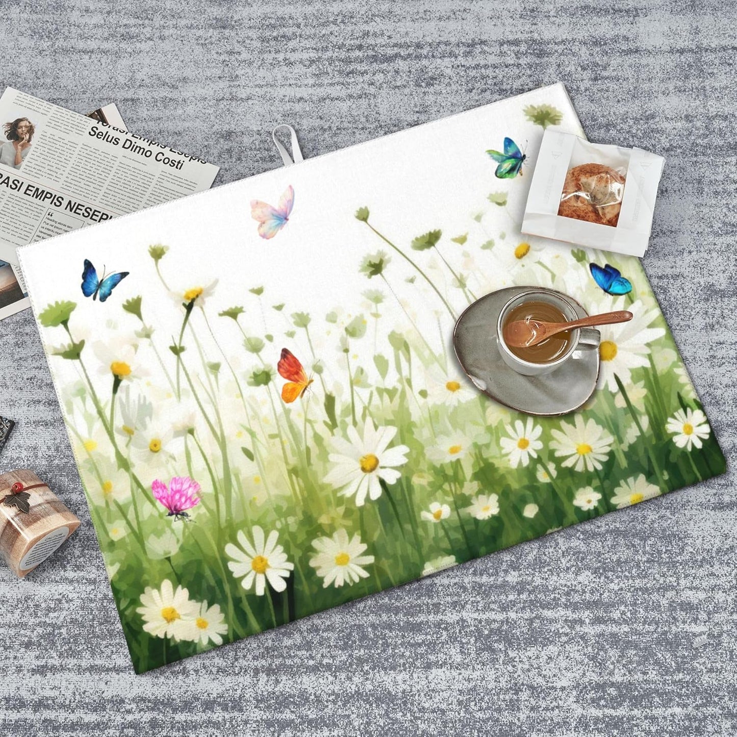 Vintage Watercolor Daisy Butterfly Dish Drying Mat for Kitchen Counter, 18"x24" Microfiber Absorbent Fast Dry Mat, 2Pcs Dish Mat Faucet Mats Sets, Large Drying Kitchen Mat Kitchen Drying Pad