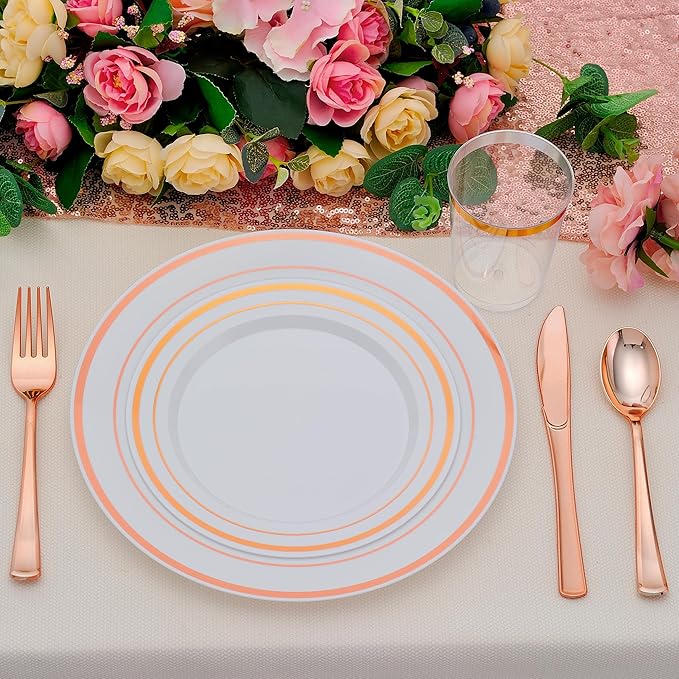350PCS Rose Gold Plastic Plates for 50 Guests, Rose Gold Disposable Plates for Party Wedding-Dinnerware Set Include 50Dinner&Salad Plates, 50Silverware Set, 50Napkins, 50Cups