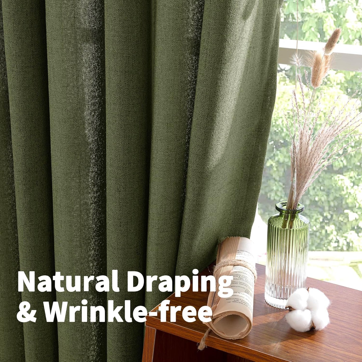 YoungsTex Olive Linen Curtains 80 Inch Length for Living Room, Light Filtering Window Drapes with Bronze Grommet Textured Privacy for Bedroom Farmhouse Decorative, 52 x 80 Inch, 2 Panels