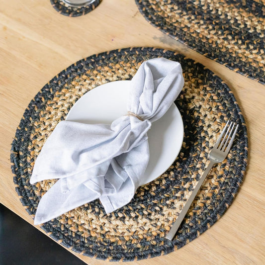 Kilimanjaro Jute Woven Round Placemats Set of 6, 15", Warm Primitive Decor, Black and Tan Table Mats - Vibrant Colors, Durable, Easy to Clean and Protects Furniture