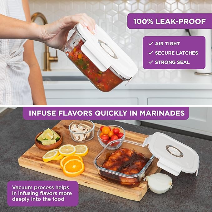 HOLDN’ STORAGE Vacuum Food Storage Containers, Set of 6 Glass Containers & Manual Pump - Keep Food Fresh Longer, BPA-Free Glass, Leak-Proof, Ideal for Meal Prep, Marinating