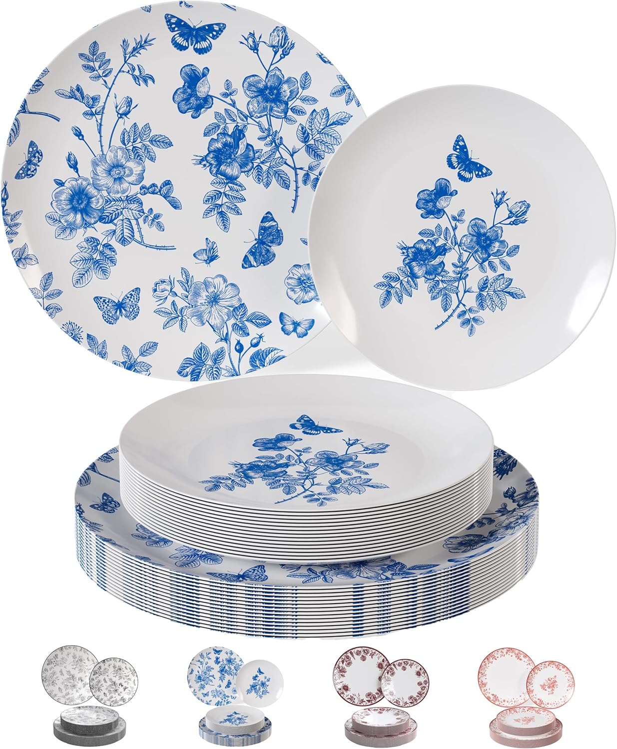 Trendables Disposable Plates For Party Supplies | Blue Floral Plastic Plates For Wedding 200 Pcs - 100 X 8" & 100 X 10" Dinner Plate Sets | Floral Plate Set Disposable Plastic Dinnerware Sets