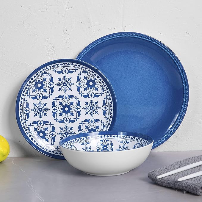 Melamine Dinnerware Set -12pcs Outdoor and Indoor Plates and Bowls Set ,Service for 4, Dishwasher Safe, Blue Flower