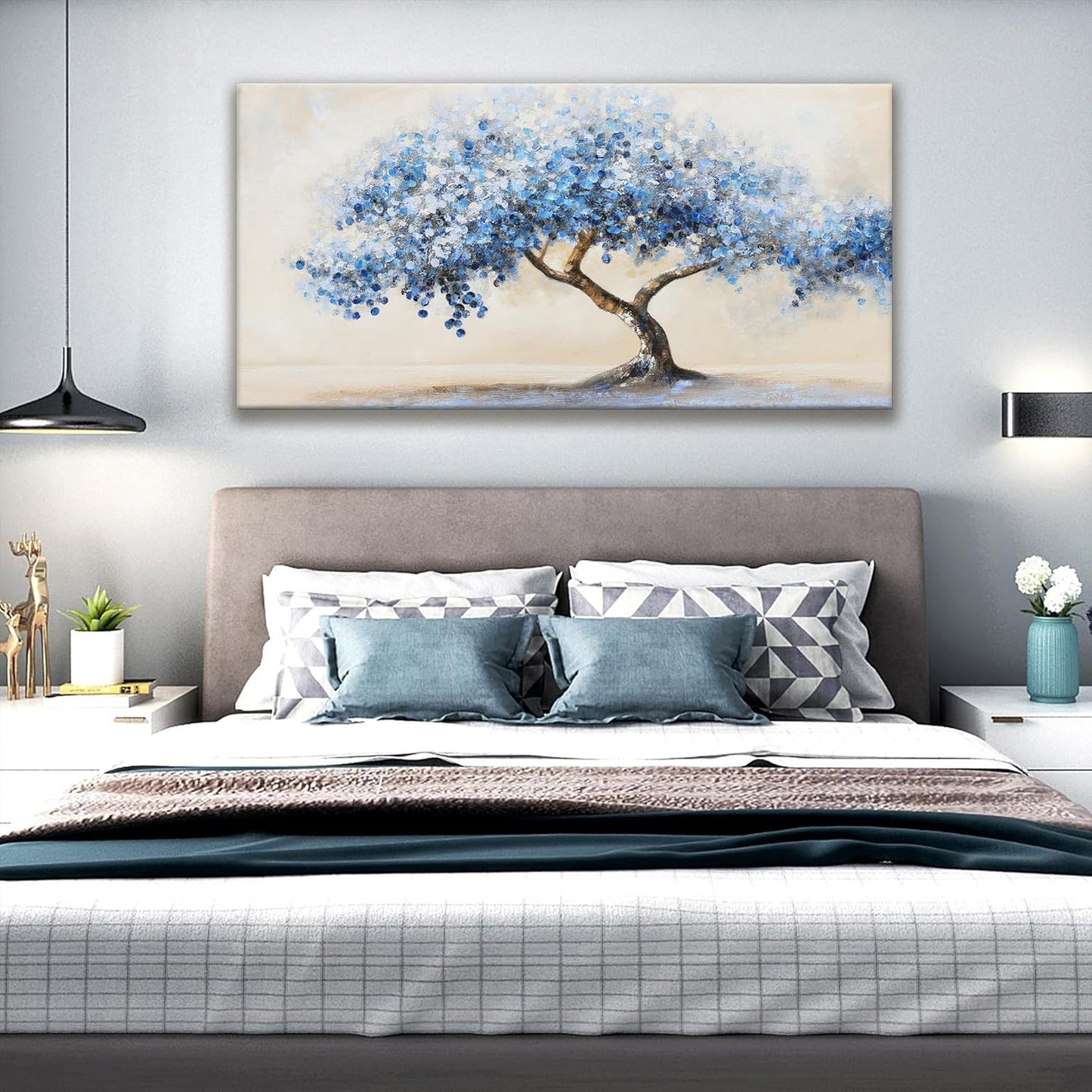 Wall Art For Living Room White Blue Tree Canvas Art Wall Decor For Home Artwork Painting 24" X 48" Canvas Print For Bedroom Decor Modern Salon Kitchen Office Hang A Picture