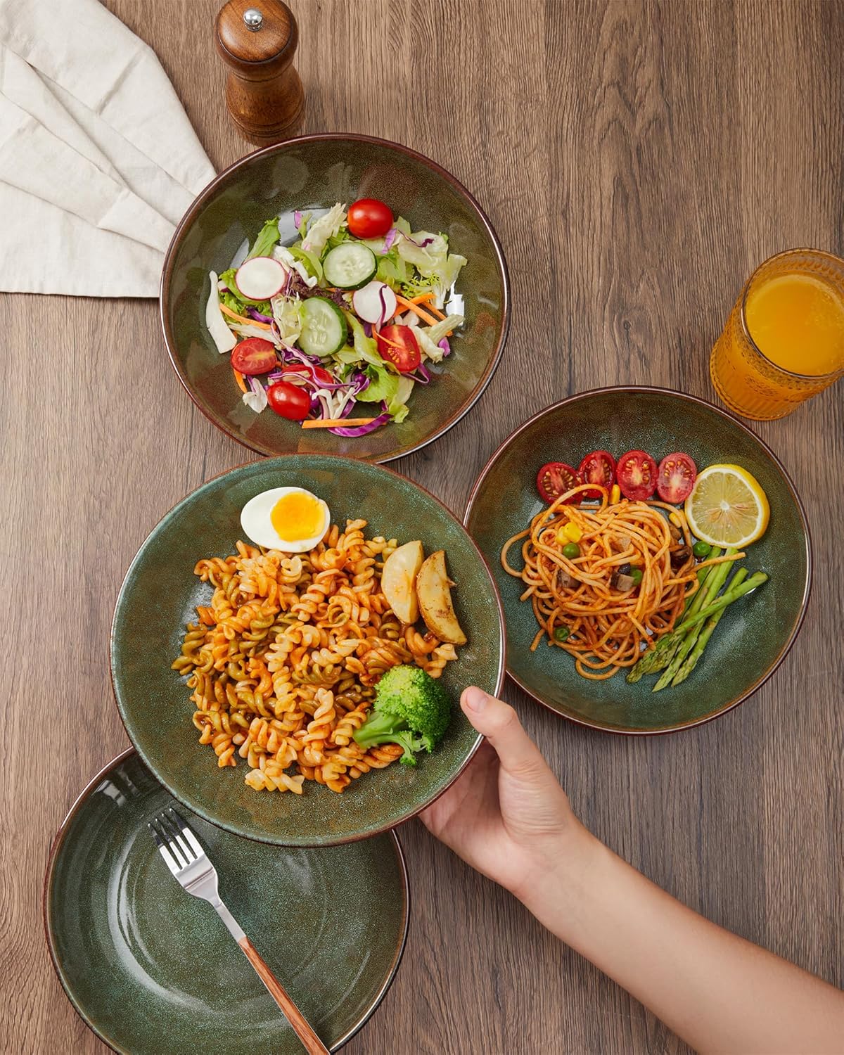 Stoneware Pasta Bowls Set of 6, 8.75 Inch Ceramic Bowl Set 32 Oz, Microwave & Dishwasher Safe Bowl Plates, Large Salad Bowl for Serving Soup, Pasta, Noodle, Dinner, Brown Green