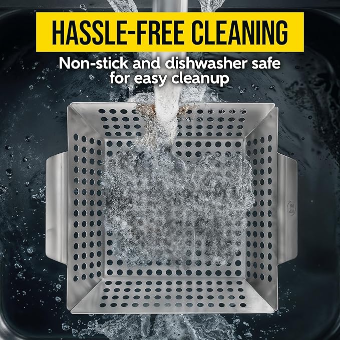 Kaluns Heavy Duty Stainless Steel Vegetable Grill Basket, Rectangular, Silver, Dishwasher Safe Grills and Vegetables