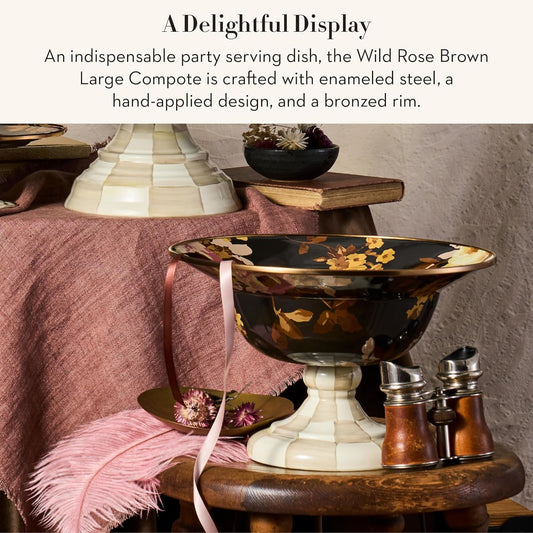 MACKENZIE-CHILDS Enamel Compote, Pedestal Serving Dish or Decorative Bowl, Large, Wild Rose Brown