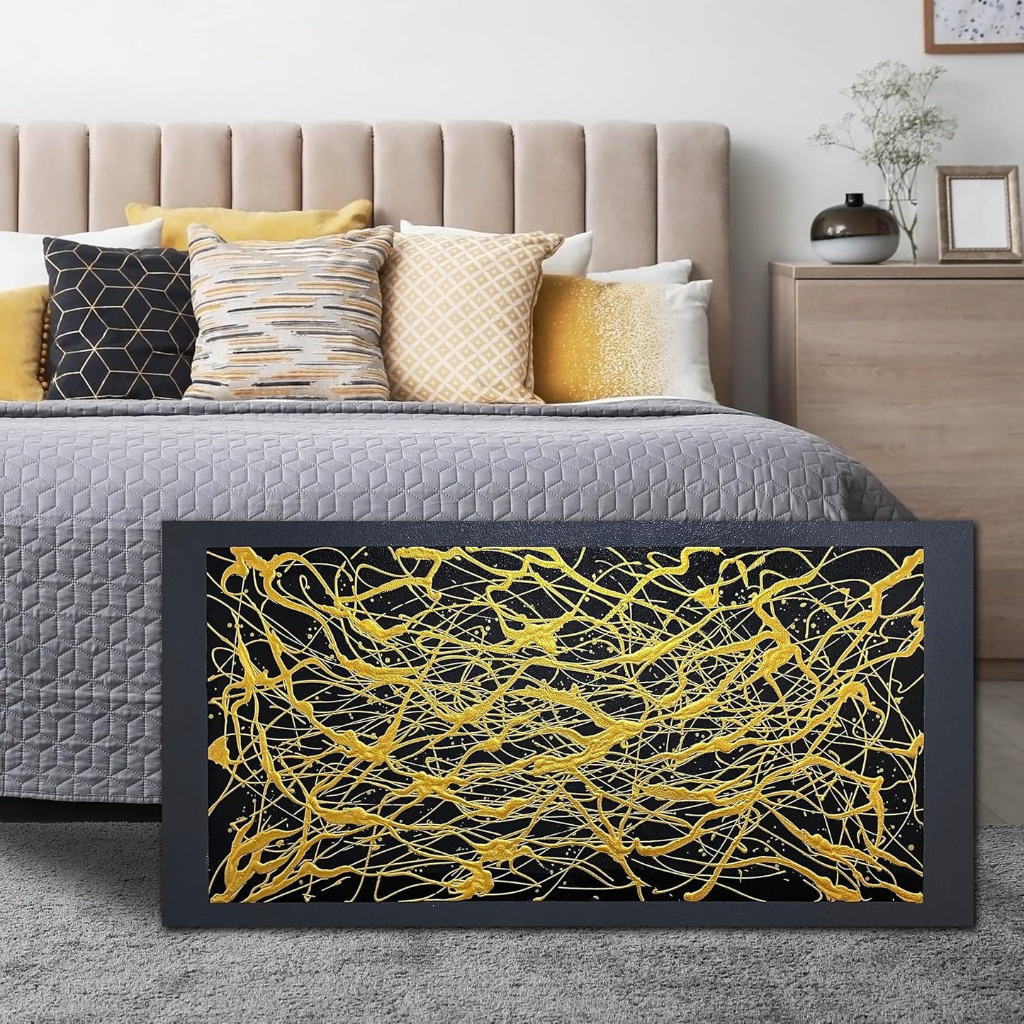 Abstract Canvas Hand Painted Wall Art for Living Room - Black and Gold Painting Wall Art for Office - Modern Wall Decor for Bedroom Size 20" x 40"