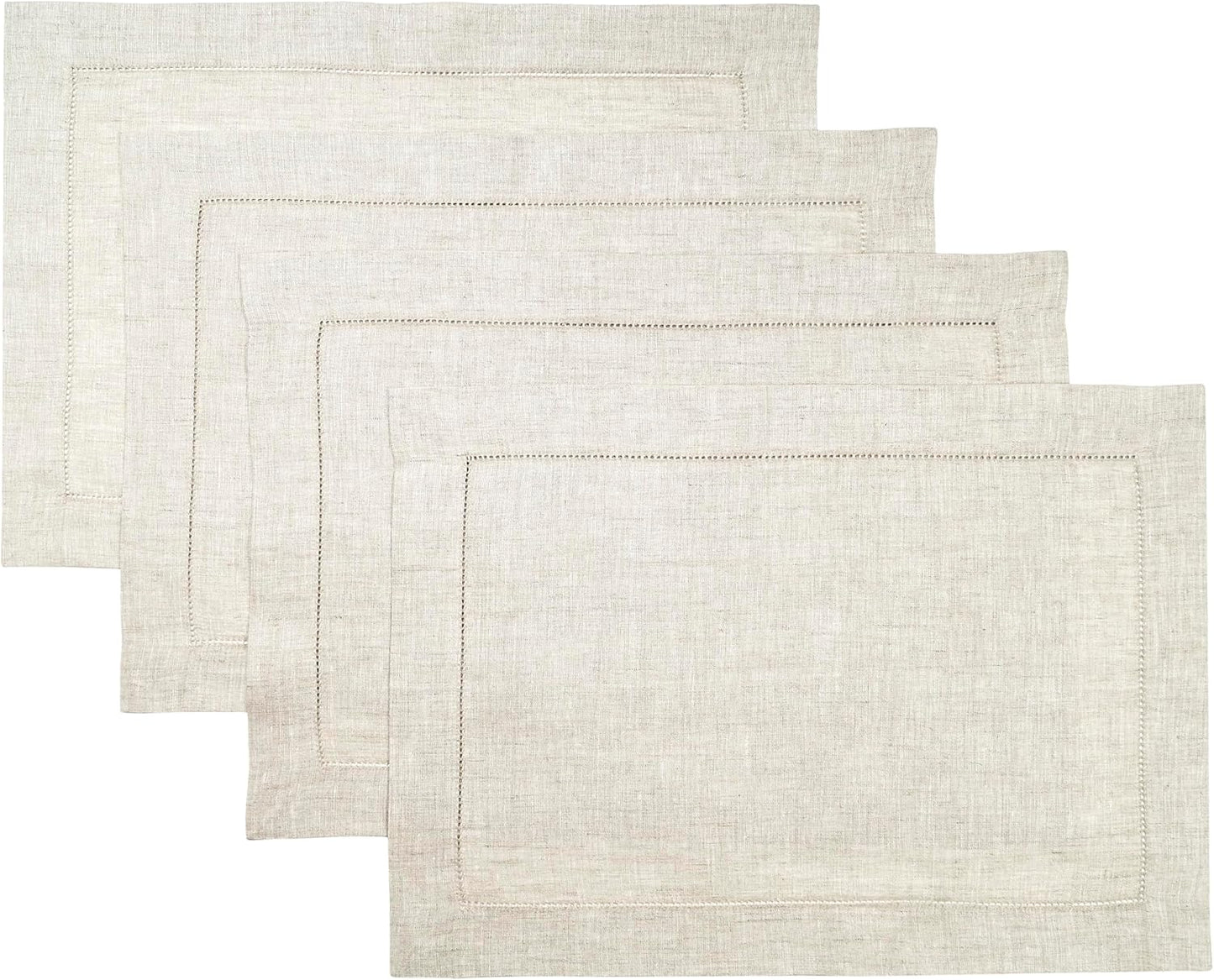 D'Moksha Homes Light Natural Linen Cloth Placemats Set of 4-100% Pure Linen Hemstitch Placemats 14 x 19 Inch - Classic Hemstitch Table Place Mats for Fall, Halloween - Handcrafted, Machine Washable