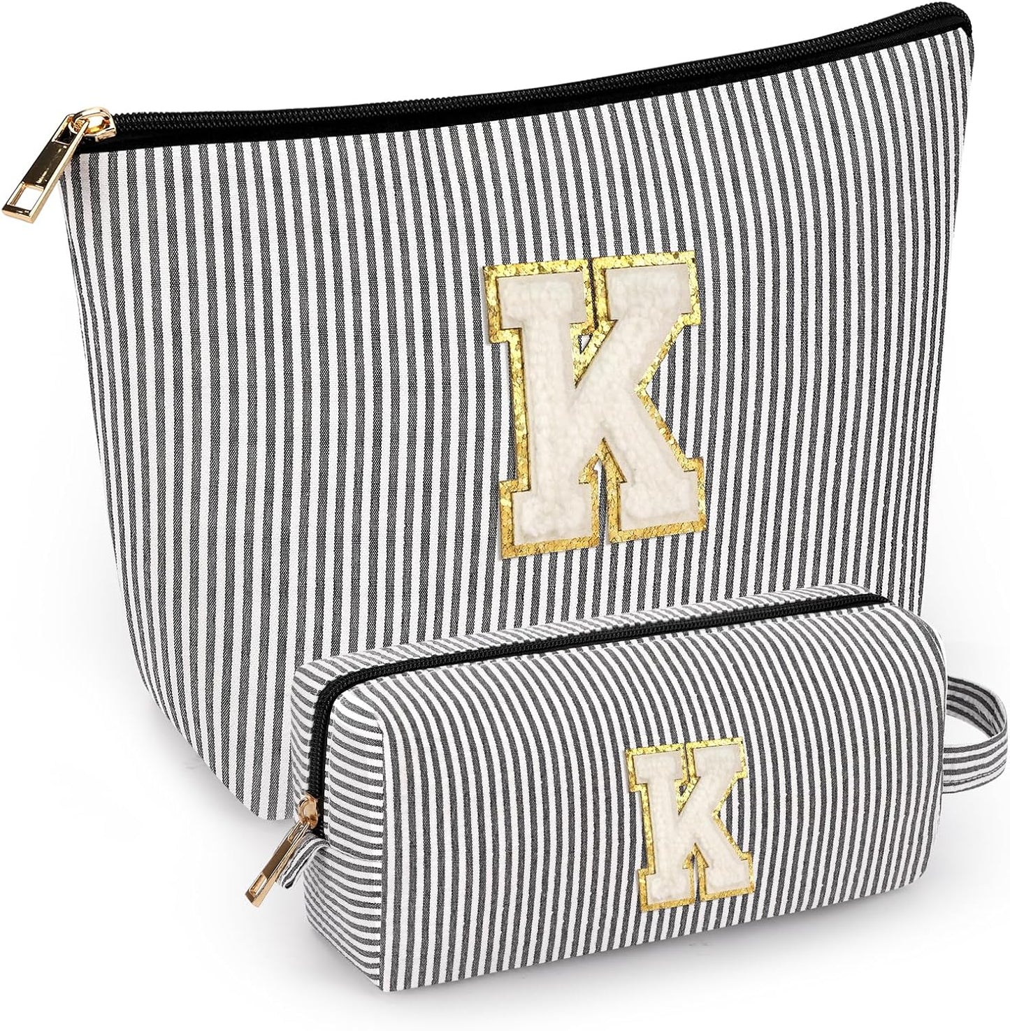 2 PCS Initial Makeup Bags for Women: Cosmetic Bag for Travel Toiletry - Birthday Gifts for 11 12 13 14 15 16 17 18 Years Old Girl Graduation Teacher Gift- Teen Girl Gifts Trendy Stuff - Black K