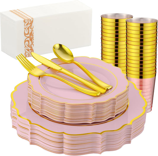 175 PCS Pink Plastic Plates for 25 Guests, Pink and Gold Disposable Dinnerware Set for Party Wedding Include 25 Dinner & 25 Dessert Plates, Spoons, Forks, Knives, Cups, 25 Napkins