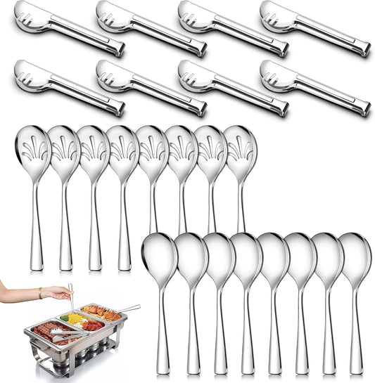 24 Pack Stainless Steel Large Serving Utensils Set - 10" Serving Spoons x 8, 10" Slotted Spoons x 8, and 9" Serving Tongs x 8 by Teivio, for Buffet, Chafing Dish, Catering Supplies (Silver)