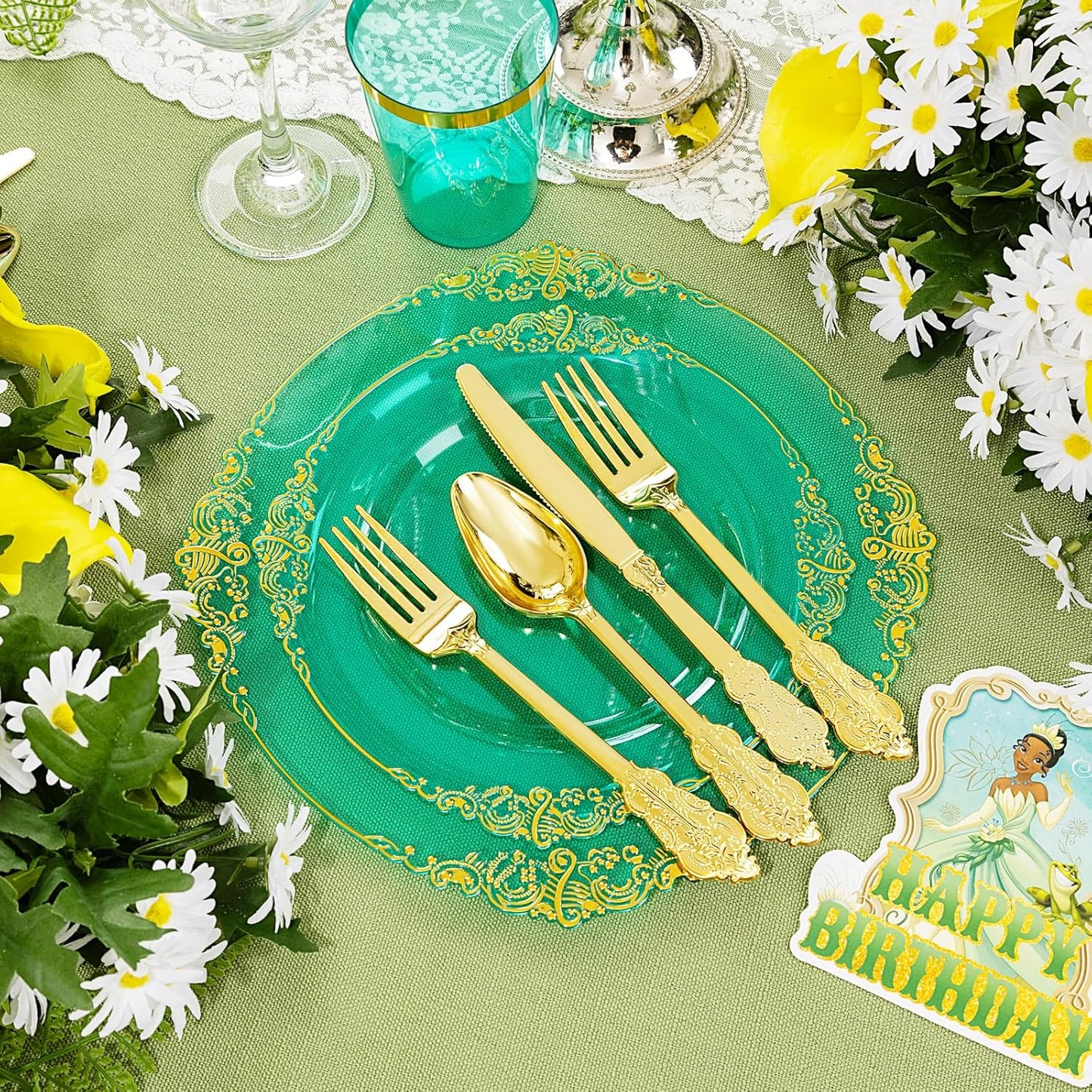 Hioasis 350pcs Clear Green Plastic Plates - Elegant Disposable Dinnerware Set Suitable for 50 Guests Include 10.25" Dinner & 7.5" Dessert Plates, Cutlery, Napkins, Cups for Party & Wedding