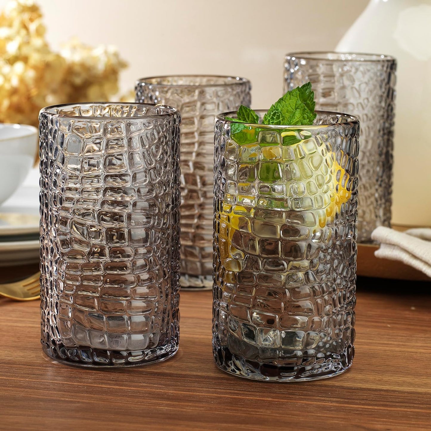 Glaver's Highball Glasses Set of 4 Smoke Drinking Glasses, 15 Ounce Crackle Textured Newly Designed Patent Glassware Heavy Bar Home Party Decor Black Kitchen Glasses, Water Juice Cocktails