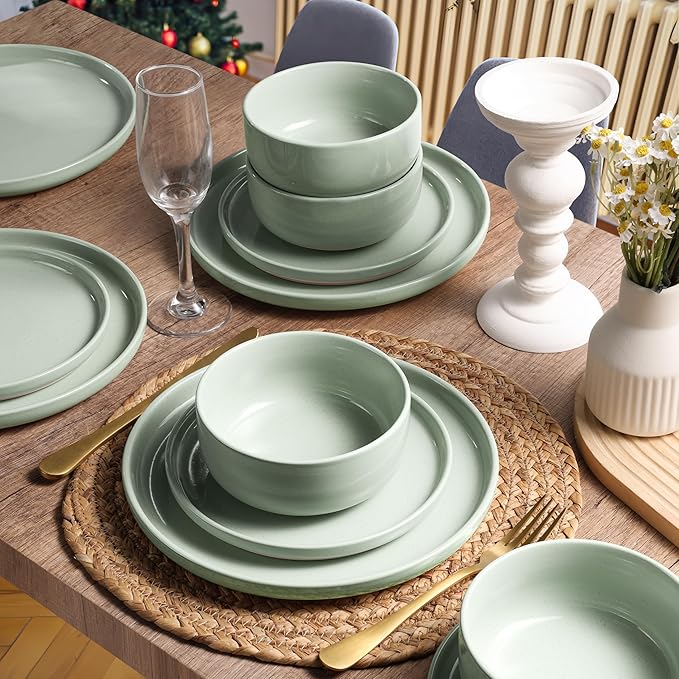 HaWare Stoneware Dinnerware Sets, 24-Piece Plates and Bowls Set for 8, Dishes Set for Home Restaurant,Speckled Asparagus Green