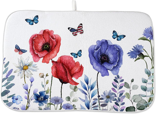 Independence Day Dish Drying Mat 18x24 For Kitchen Counter 4th Of July Blue Red Floral Kitchen Drying Mat Memorial Day Decorative patriotic Flower Drying Pad for Kitchen Decor,Dining Room