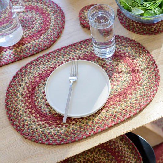 Homespice Cider Barn Jute Braided Oval Placemats, Warm Country Rustic Decor, Set of 6, 13x19 Red Table Mats - Vibrant Colors, Durable, Easy to Clean and Protects Furniture