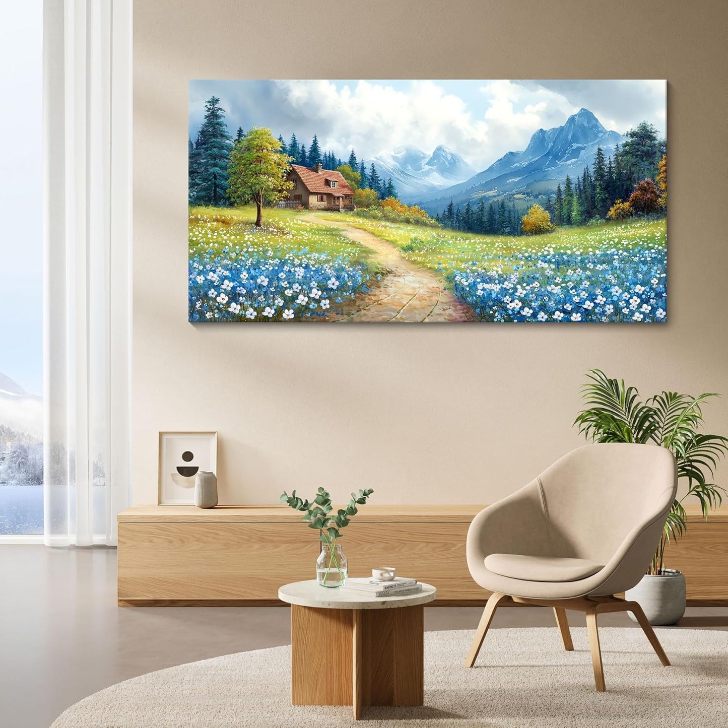 CHATYOUNG Large Mountains Wall Art,Rustic Blue Forest Wild Flowers Path Landscape Wall Paintings for Living Room Bedroom kitchen Home Decor Gifts for Women 29"X58"