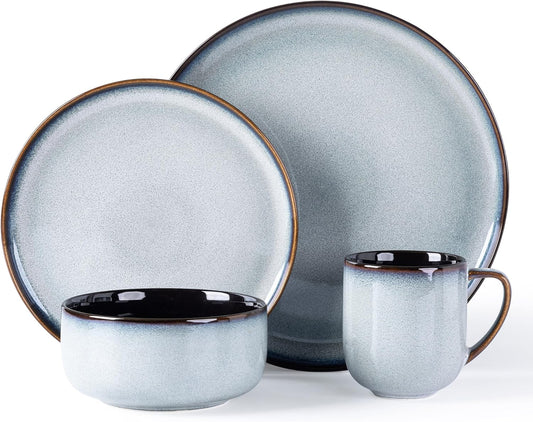LERATIO Ceramic Dinnerware Sets for 4,16-PieceReactive Glaze Plates and Bowls Set with Mugs,Highly Chip and Crack Resistant | Dishwasher,Microwave & Oven Safe Dishes set-Gray White