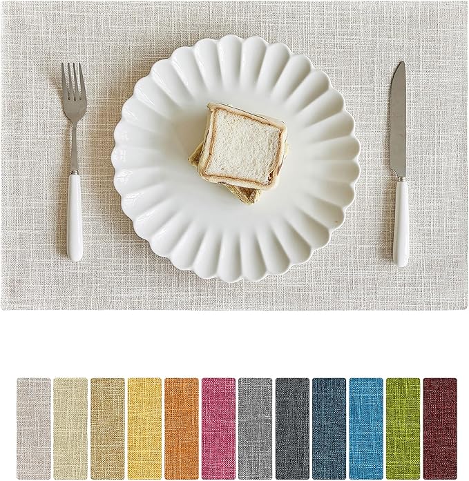 Softalker Faux Linen Placemats Set of 4-12 x 18 Inch, Heat Resistant Double Layered Durable Burlap Farmhouse Place Mats, Non-Slip Washable Rustic Table Mats for Dining, Kitchen, Party（Cream