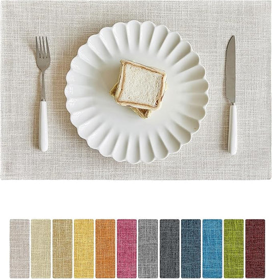 Softalker Faux Linen Placemats Set of 4-12 x 18 Inch, Heat Resistant Double Layered Durable Burlap Farmhouse Place Mats, Non-Slip Washable Rustic Table Mats for Dining, Kitchen, Party（Cream