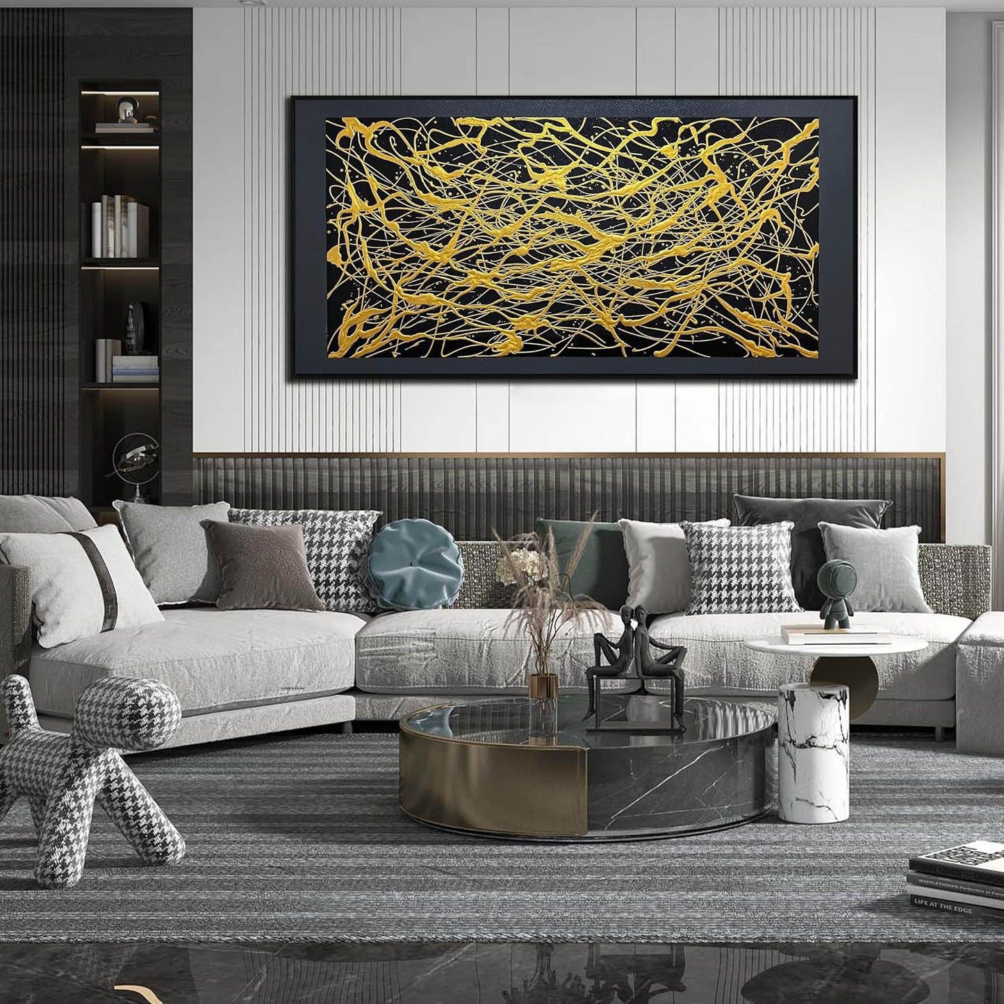 Abstract Black and Gold Hand Painted Wall Art for Living Room - Modern Large Canvas Wall Art for Office - Large Picture Frames for Wall Size 29" x 59"