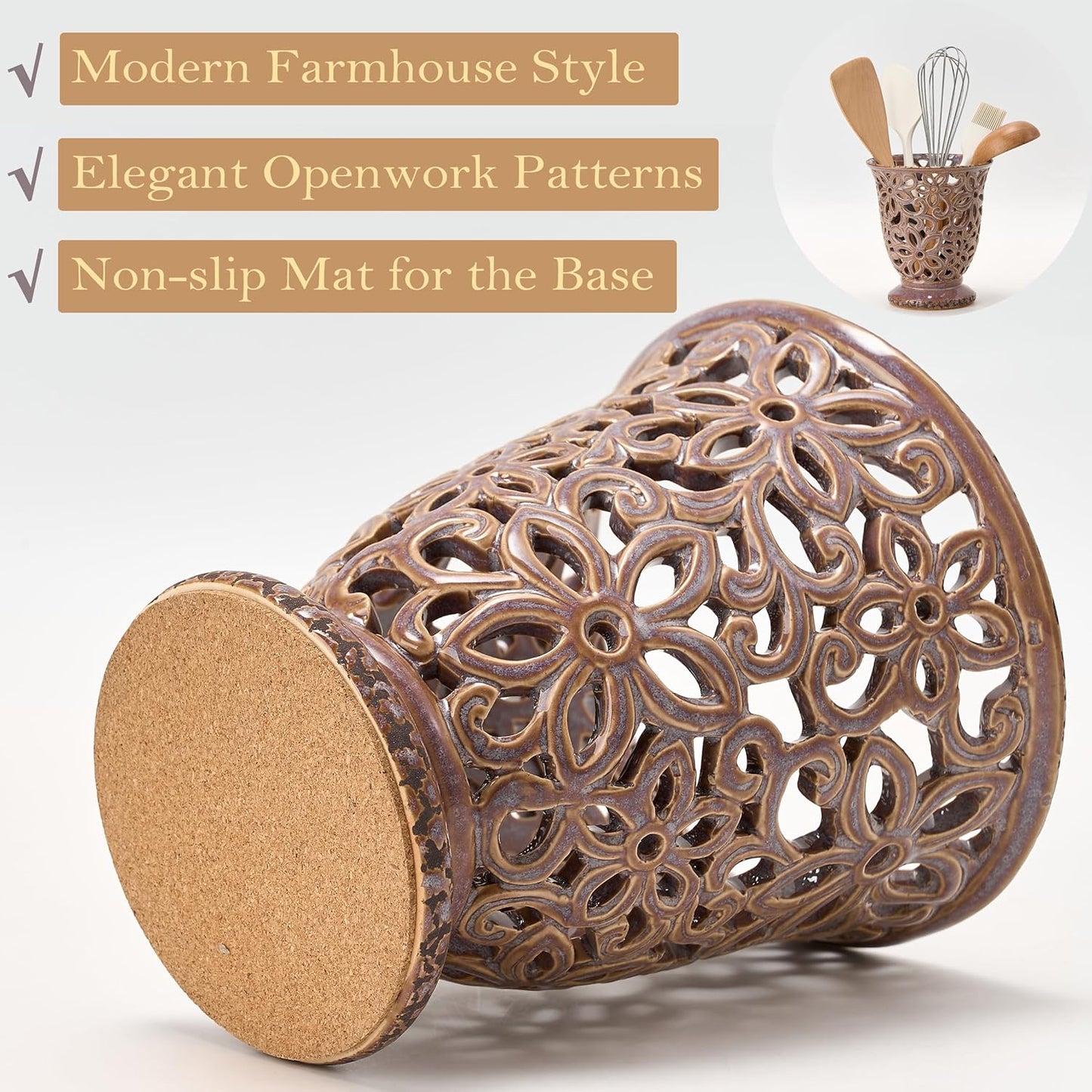 Utensil Holder for Kitchen Counter, Modern Farmhouse Cooking Utensil Holder and Crock Home Kitchen Decor, Ceramic Utensil Organizer for Spatula, Ladle, Eggbeater, Rolling Pin- Kiln-Transformed Purple