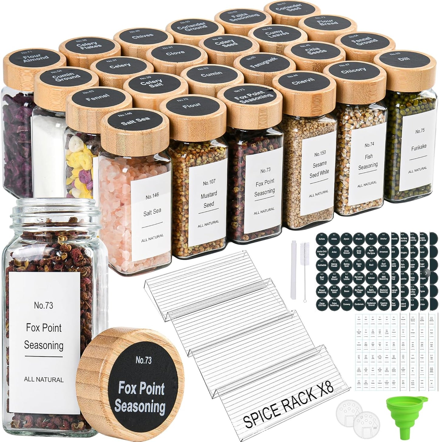 24 Pcs Glass Spice Jars Bamboo Lids with Spice Drawer Organizer Set, 4 Tier-8 Pack Acrylic Expandable Spice Rack , 396 Spice Labels, Seasoning Containers Organization for Kitchen Cabinet Countertop