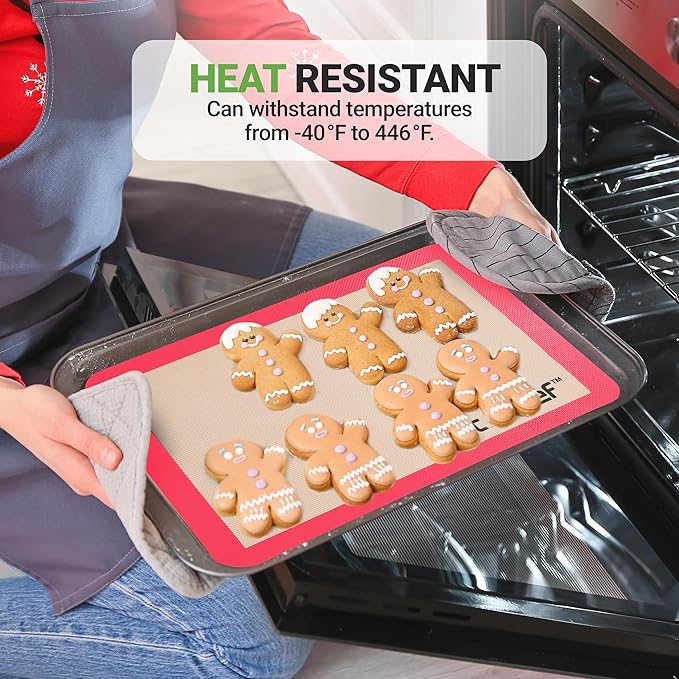 Nutrichef Silicone Baking Mats - 2 Non-stick Food-Grade Silicone Mats - Perfect for Full Baking Pans 24.4 x 16.5 IN - Oven-safe Up to 480 Degrees F - Suitable for Ovens, Freezers, & Dishwashers - Red