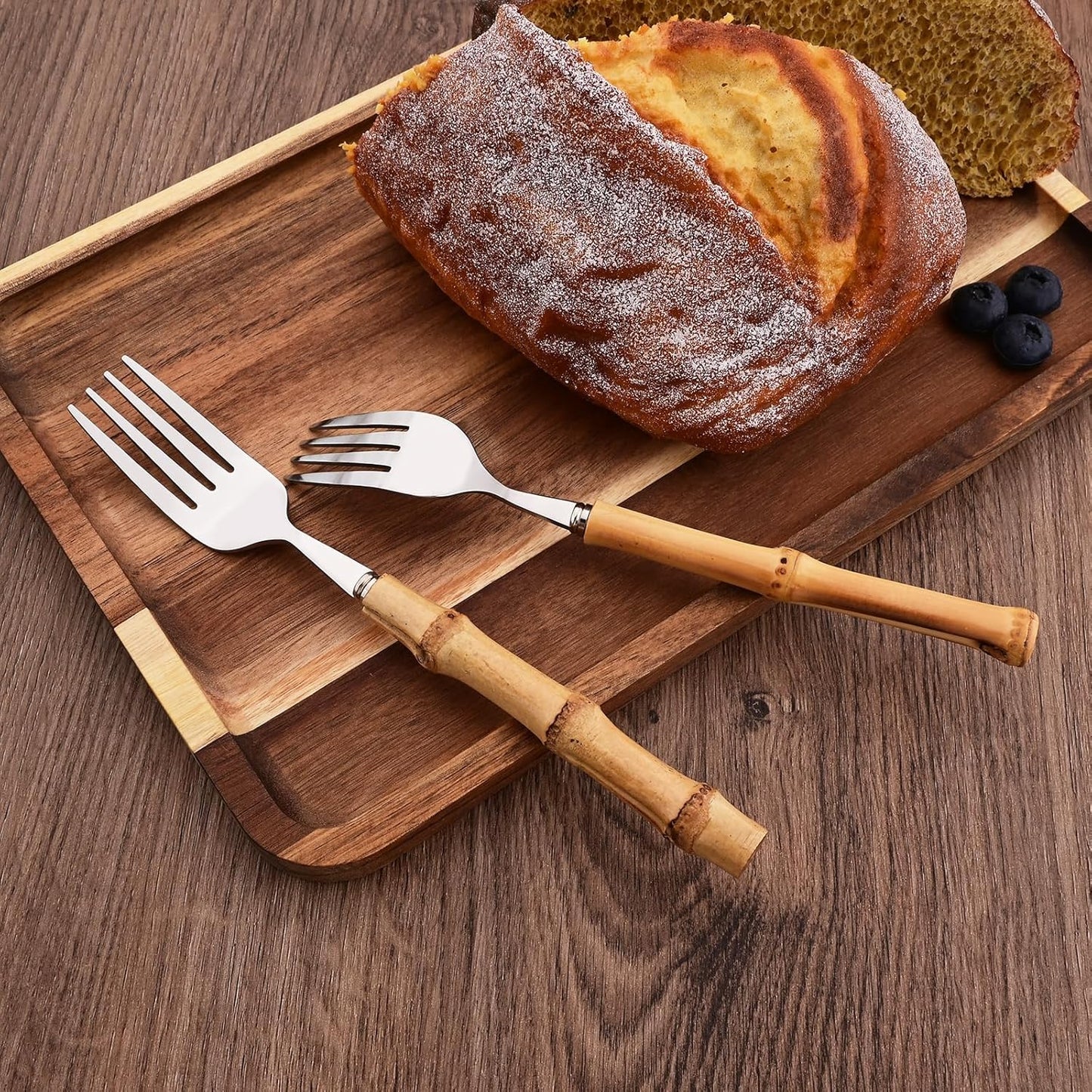 40PCS Silverware Set for 10, Bamboo Handle Flatware Set, Stainless Steel Cutlery Set for Home Restaurant and Party, Bamboo Forks Spoons and Knives Set, Polished Tableware