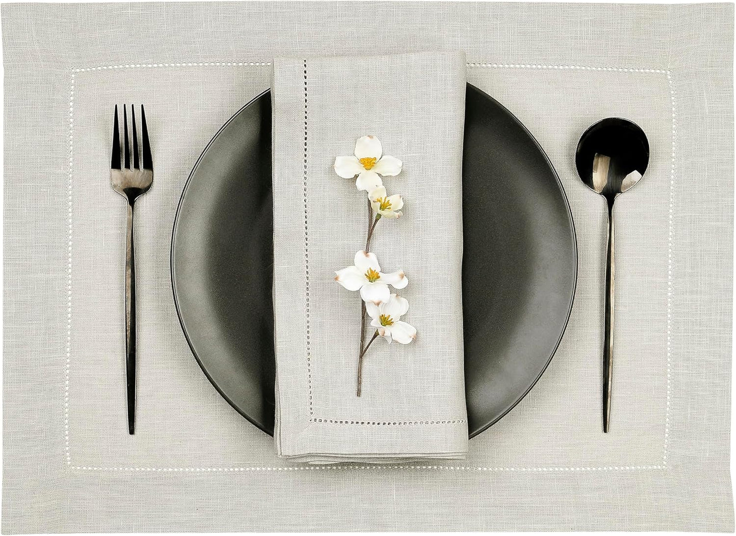 D'Moksha Homes Silver Grey Linen Cloth Placemats Set of 4-100% Pure Linen Hemstitch Placemats 14 x 19 Inch - Classic Hemstitch Table Place Mats for Fall, Halloween - Handcrafted and Machine Washable