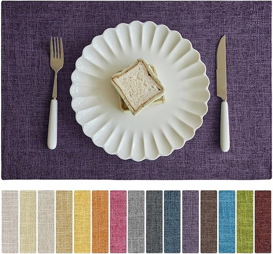 Softalker Faux Linen Placemats Set of 12-12 x 18 Inch, Heat Resistant Double Layered Durable Burlap Farmhouse Place Mats, Non-Slip Washable Rustic Table Mats for Dining, Kitchen, Party（Purple