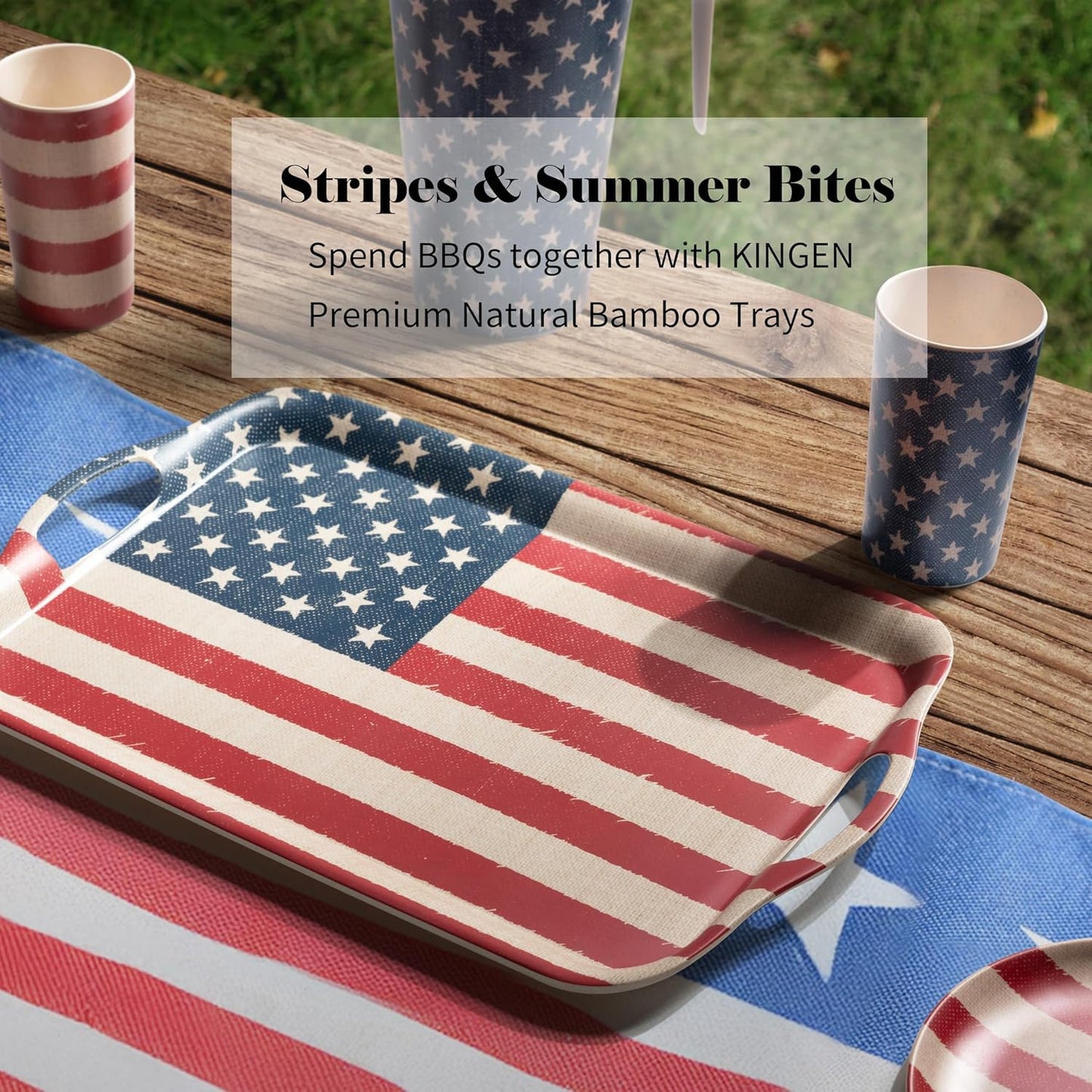 KINGEN 2-Pack Patriotic Bamboo Fiber Serving Trays - 18×13-inch Extra Large w/Handles Tray, Stars & Stripes Platters for 4th of July, Christmas, Birthday, BBQ, Party - Red, White & Blue Decor