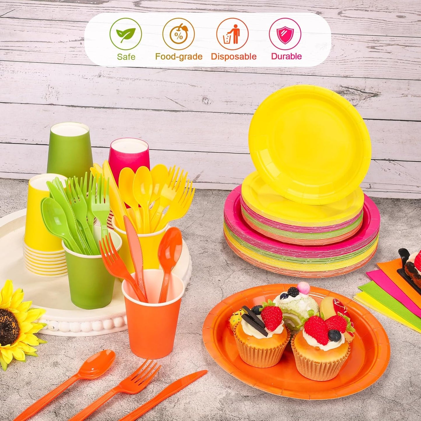 durony 350 Pieces Neon Party Supplies Paper Plates Serve 50 Guests 7 Inch 9 Inch Dinner Plates Napkins Paper Cups Cutlery Bright Color Disposable Glow Party Tableware for Fiesta Neon Birthday