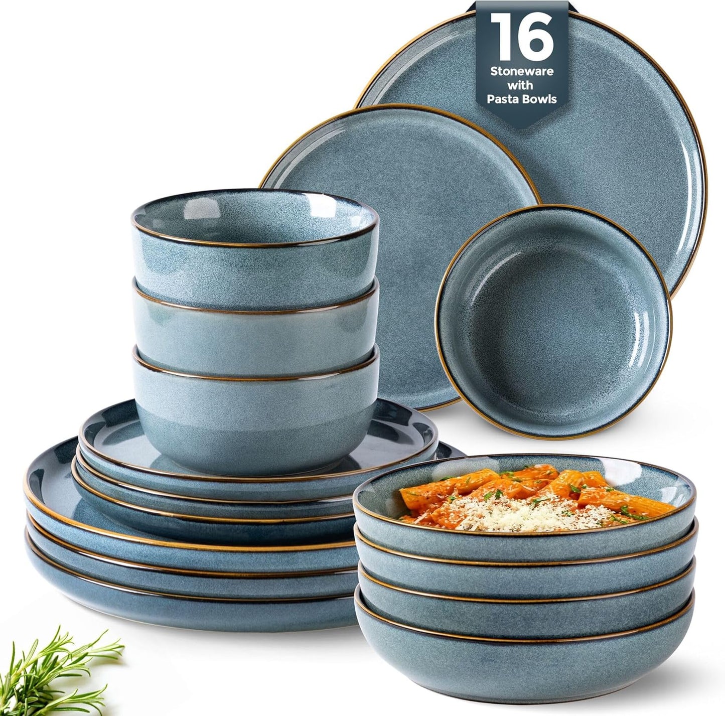 GBHOME 16 Pieces Double Bowls Ceramic Dinnerware Sets for 4, Stoneware Plates and Bowls Set with Reactive Glaze, Scratch Resistant Stoneware Dishes Set, Dishwasher & Microwave Safe