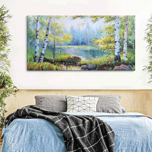 YCPRIMER Birch Tree Wall Art for Living Room Forest Wall Decor Green Trees Picture Lake Forest Landscape Painting Home Bedroom Decoration Green and White Artwork Decor Size 29×58Inch