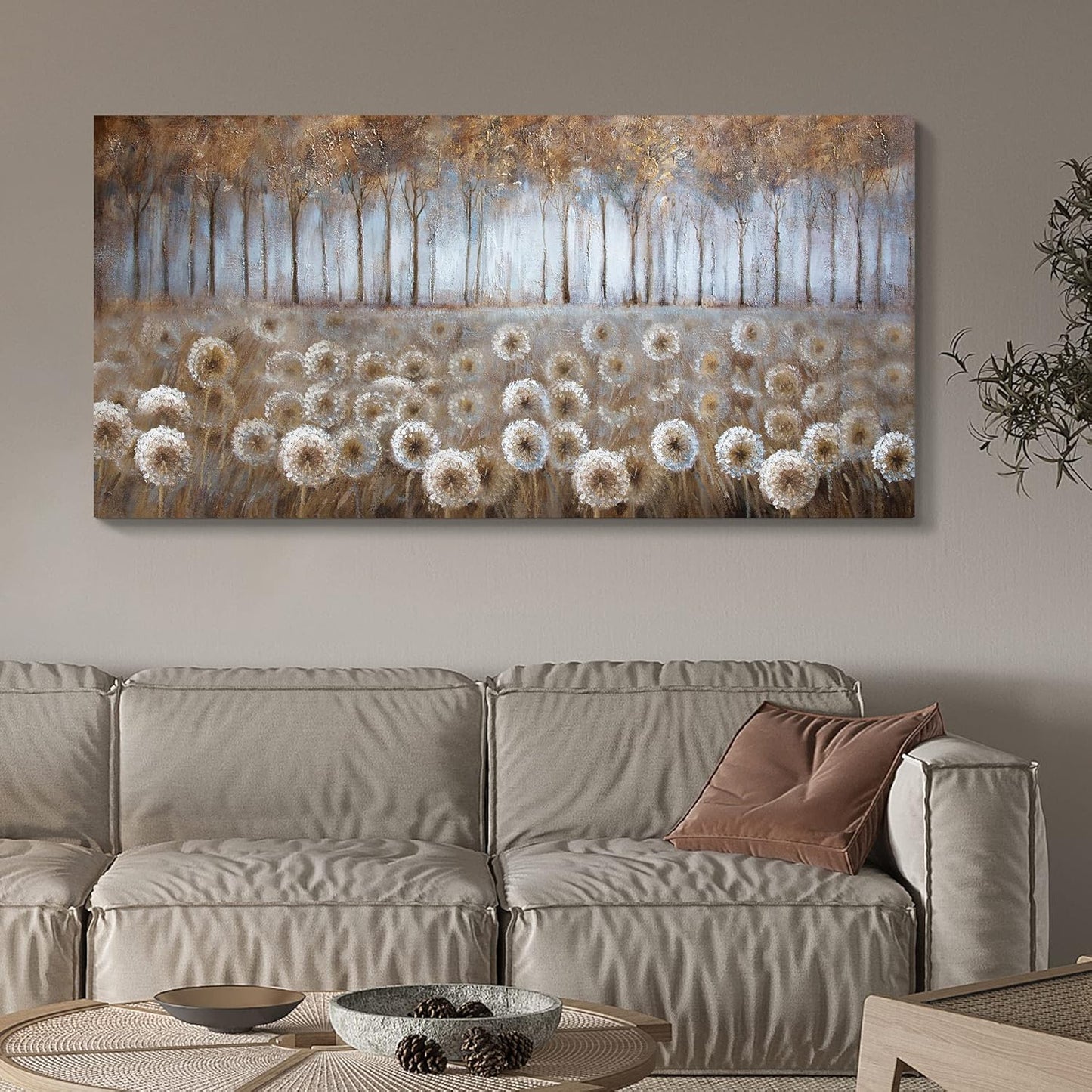 Large Living Room Wall Decor Brown Dandelion Canvas Wall Art Abstract Tree Forest Theme Picture Wall Decoration Modern Framed Prints Artwork Ready to Hang for Bedroom Home Wall Decor Size 29x58 inch