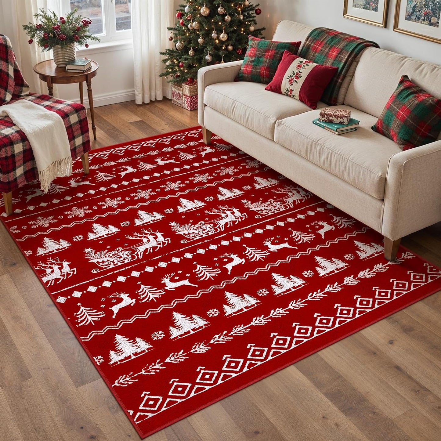 4x6 Christmas Area Rug Red Washable Office Carpet Xmas Elk Holiday Decor Entryway Non Slip Soft Low Pile Small Carpet Indoor Throw Snowflake Rug Kitchen Bedroom Entrance Living Dining Room
