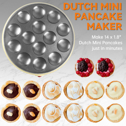 Baker's Friend Mini Pancakes Maker Machine, Dutch Mini Pancake Griddle, 14 Holes Electric Poffertjes Pan, Ideal for Breakfast, Snacks, Desserts & More, Yellow