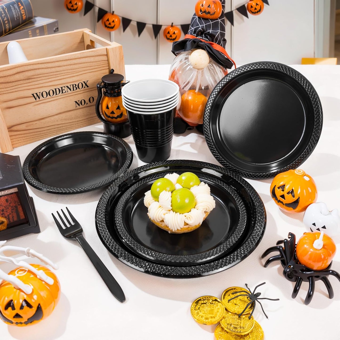 MirthMood 350PCS Black Disposable Plates, Black Party Supplies, Includes 50 Dinner Plates, 50 Salad Plates, 50 Silverware, 50 Napkins and 50 12OZ Cups.