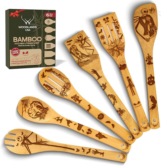 Wooden Spoons for Cooking - 6-Piece Wooden Utensil Set with Spatulas & Spoons, Heat-Resistant, Eco-Friendly Kitchen Utensils for Non-Stick Cookware (NightMare)