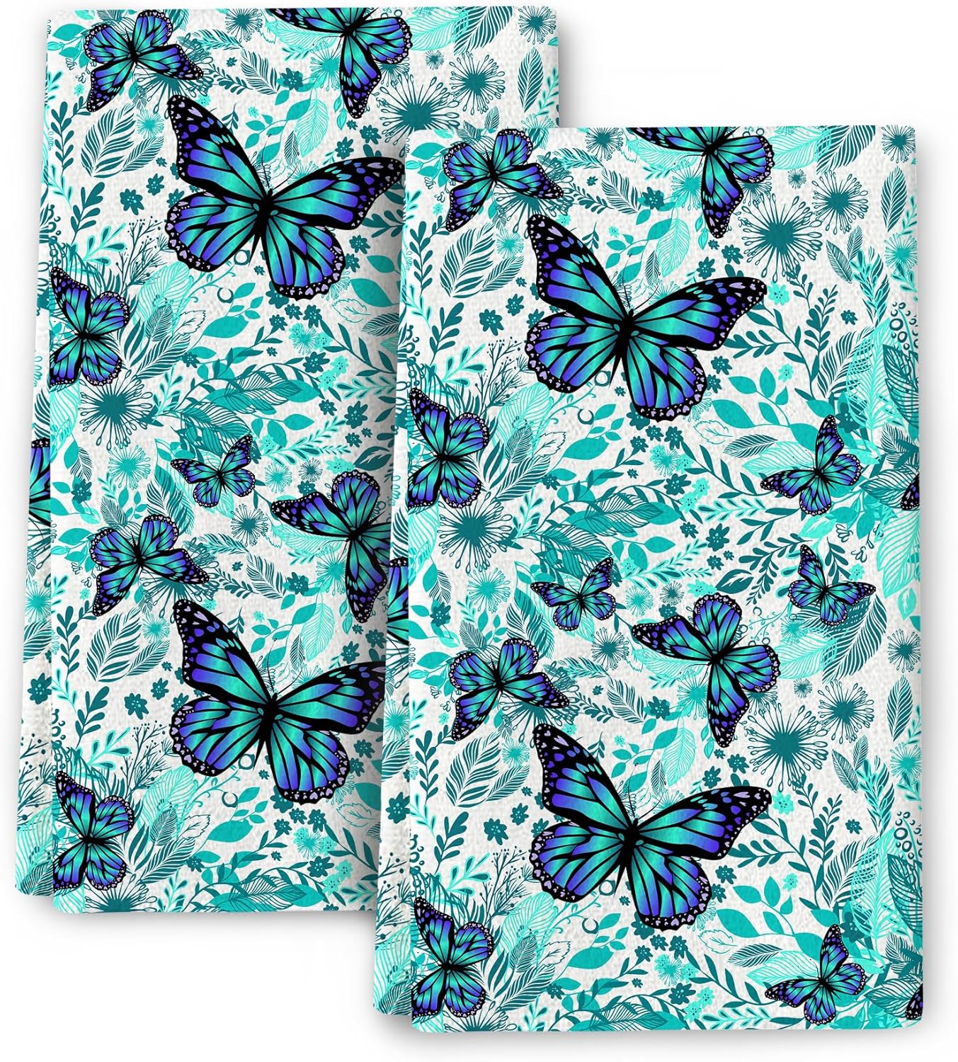 Butterfly Green Kitchen Towels Decorative Set of 2, Soft Absorbent Botanic Dish Towels for Kitchen, Bar Tea Towels Hand Towels for Bathroom Farmhouse Spring Summer Decor