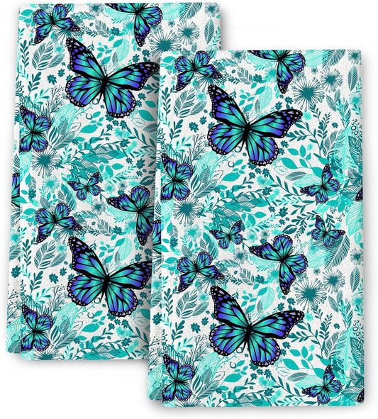 Butterfly Green Kitchen Towels Decorative Set of 2, Soft Absorbent Botanic Dish Towels for Kitchen, Bar Tea Towels Hand Towels for Bathroom Farmhouse Spring Summer Decor
