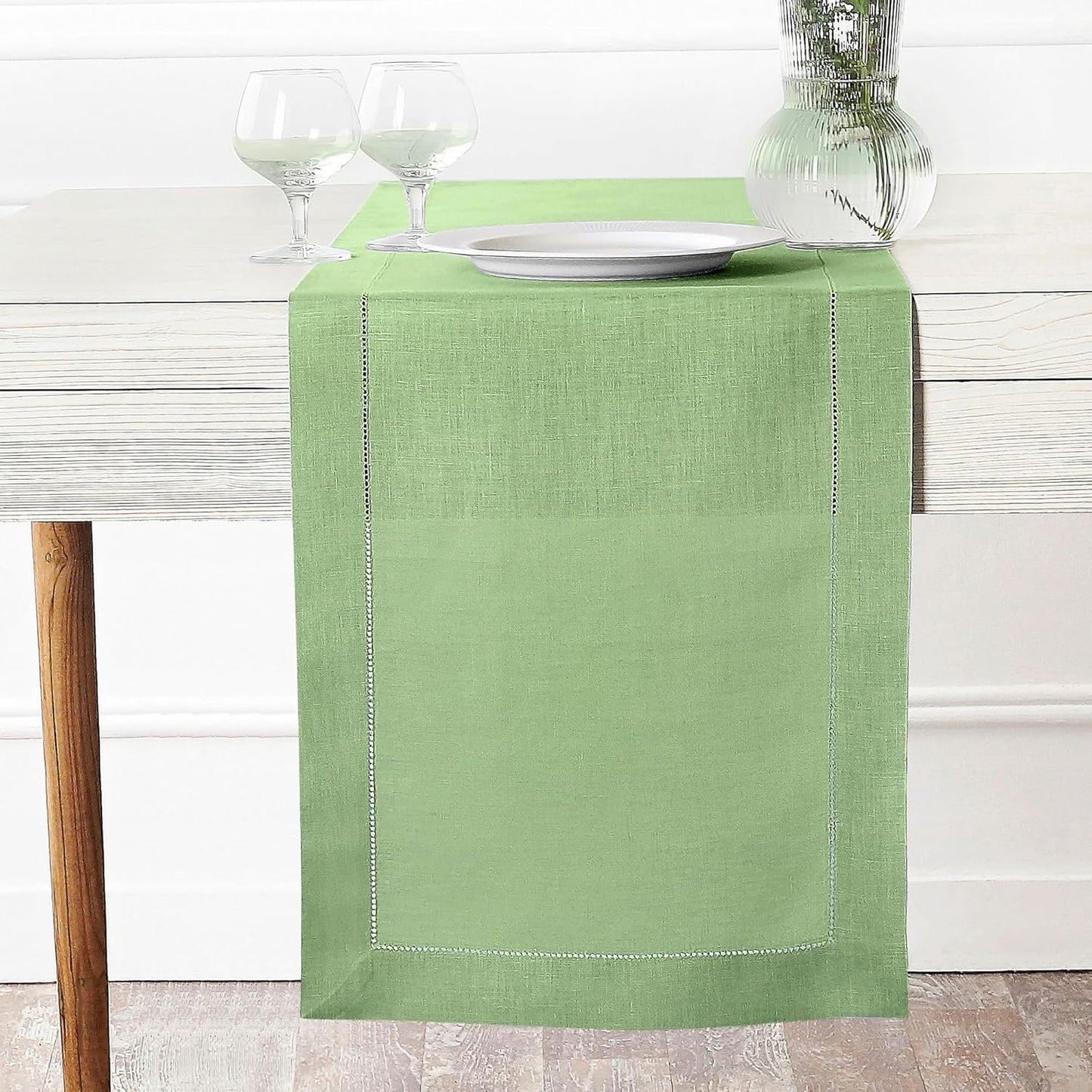 D'Moksha Homes Linen Sage Green Table Runner 48 Inches - Classic Hemstitch, 100% Pure Linen Coffee Table Runner 14 x 48 Inch Ideal for Dresser Tables - Fall, Autumn and Halloween